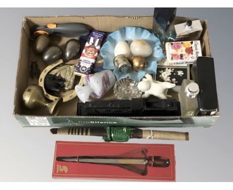 Miscellaneous items including fragrances, metal wares, sword letter opener, coal model of a locomotive, playing cards, etc. (