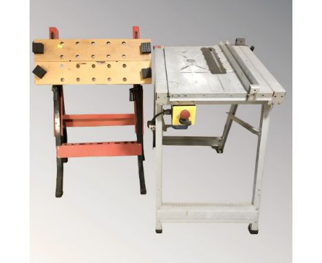 A Wolfcraft folding work bench and a further work bench.