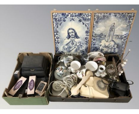 Miscellaneous ceramics, vintage telephone, pair of Halina 8x30 binoculars, cosmetics, framed tiles. (2 boxes)