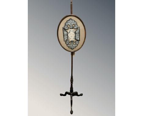 A mahogany tripod pole screen on claw and ball feet, height 160 cm 