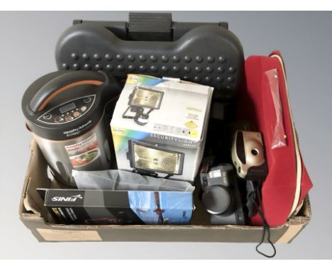 Various household items including footrest, Morphy Richards soup maker, Estee Lauder bag, security light, etc. (1 box)