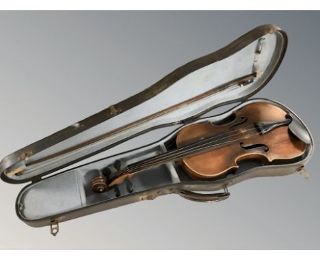 Violin with two piece 14" back labelled within Sternberg Armin Es Testvere, in case with bow 