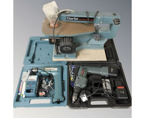 A Clarke woodworker 400mm scroll saw, together with a Pro Line drill and a Makita drill, in boxes.