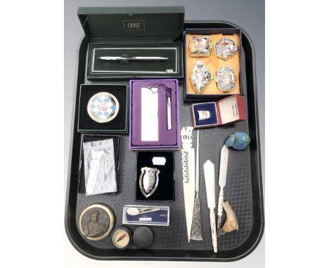 A group of letter openers, bookmarks, set of oriental porcelain pill boxes, paperweight, pocket compass, etc.