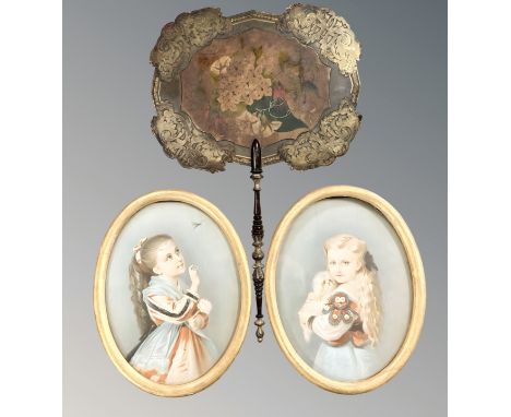 A late Victorian gilt papier mache hand fan, length 38 cm, together with a pair of gilt-framed prints. 