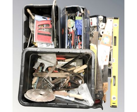 A quantity of hand tools, concertina tool box, spirit levels, etc. (3 boxes)
