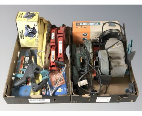 A bench grinder, Bosch sander, other power tools and hand tools, Stanley vice, socket and bit set, etc. (2 boxes)