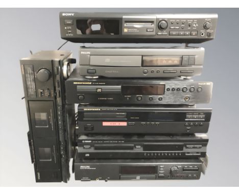 A group of hi-fi separates including Sony mini disc deck, Marantz CD players CD6000 OSE and CD-40, Yamaha CD player CDX-396, 
