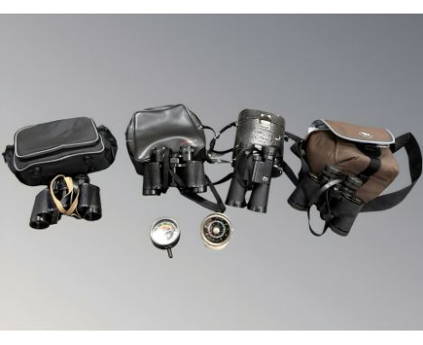 A pair of Nikon 12x36 5° binoculars, Canon 7x35 binoculars, two pairs of USSR 8x30 binoculars, a vintage car brake testing Dy