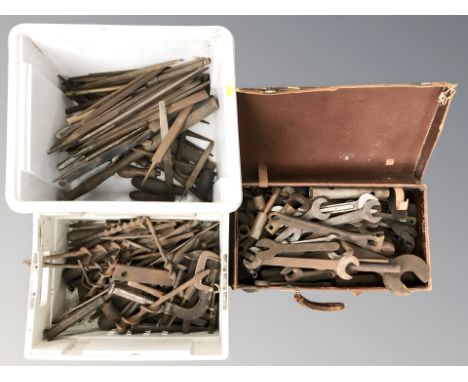 A large quantity of vintage / antique hand tools including spanners, files, vices, etc. (3 boxes)