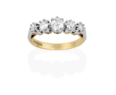 the graduated old cut diamonds in white claw settings, to a yellow tapered shoulder plain polished shank, total estimated dia
