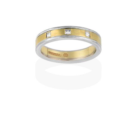 the yellow plain polished band with a white plain polished border inset with three princess cut diamonds, total estimated dia
