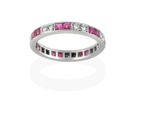 pairs of calibré cut rubies alternate with pairs of eight-cut diamonds, in claw and millegrain settings, total estimated diam