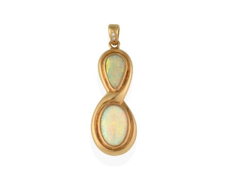 an oval cabochon opal surmounted with a pear shaped cabochon opal, in yellow rubbed over settings within a swirl surround, su