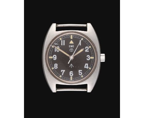 manual wound lever movement, black dial with luminous Arabic numerals and signed, dial with a military broad arrow and T with