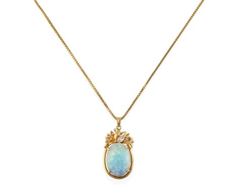 the oval cabochon opal with a leaf motif surmount and an oval diamond, in yellow claw settings, on a box link chain, estimate