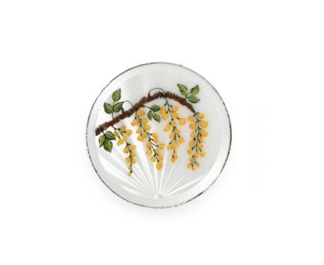 circular, the hinged cover enamelled with yellow flowers and leaves issuing from a branch, on a white enamelled ground and ov