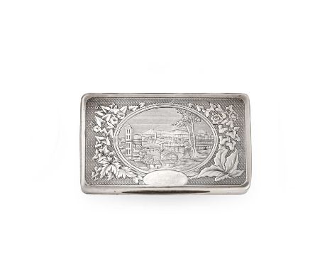 oblong, the hinged cover engraved with an Italianate landscape within an engine-turned and foliage engraved border, the base 
