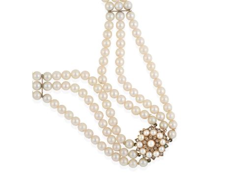 the 53:51:53 cultured pearls knotted to an eight-cut diamond and cultured pearl cluster clasp, in yellow claw settings, total