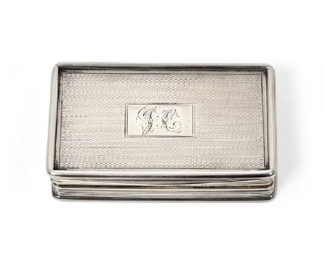 oblong, the base and cover with engine-turned decoration, the hinged cover engraved with initials, with reeded sides, the int