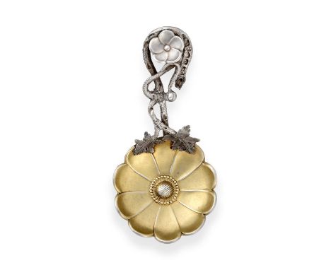 the gilt bowl modelled as an anemone flower, the handle with openwork foliage, branches and flowersthe caddy-spoon 80mm long,