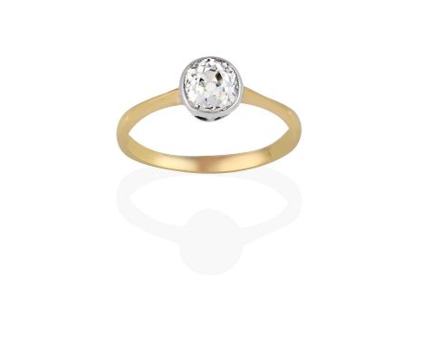 the old cut diamond in a white millegrain setting, to a yellow tapered shoulder plain polished shank, estimated diamond weigh