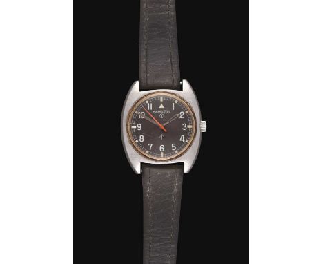 manual wound lever movement, black dial with luminous Arabic numerals and signed, dial with military broad arrow and T within