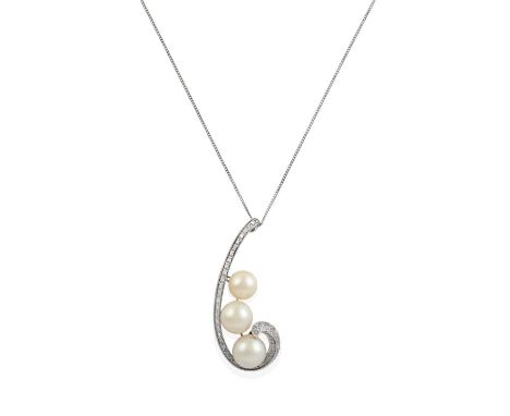 three cultured pearls within a swirl motif, set throughout with eight-cut diamonds in white claw settings, on an 18 carat whi