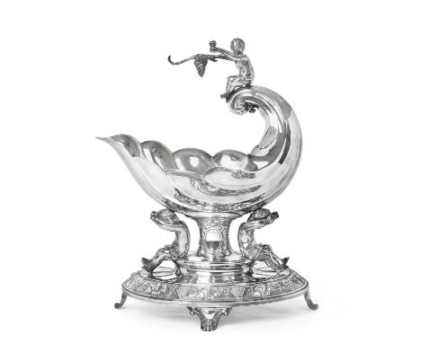 on shaped oval base with shell and scroll-cast feet, the border stamped with fruiting grapevines, the stem formed as two putt