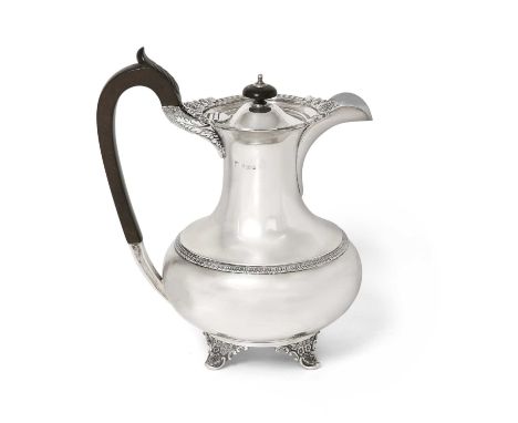 baluster and on four flower and shell-cast panel feet, with foliage and shell heightened gadrooned rim, with ebonised handle 