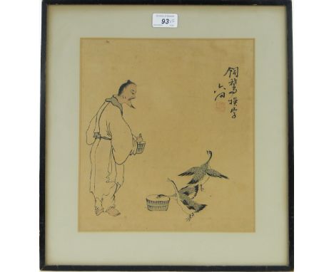 Chinese colour woodblock print, man feeding geese, 11.5" x 10.5" and watercolour, portrait of a Tyrolean man, unsigned, frame