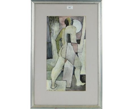 Geoffrey Key (born 1941)
ink/watercolour, abstract figure, signed and dated '85, artist information verso, 18" x 9", framed.