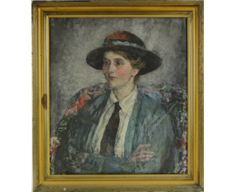 Fairlie Harmar (1876-1945)
oil on canvas, portrait of a young woman, signed, 14" x 12", framed.