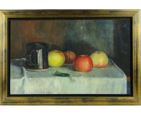 Marina Kim
oil on canvas, still life fruit on a table, 15" x 24" together with a watercolour, portrait of a woman by the same