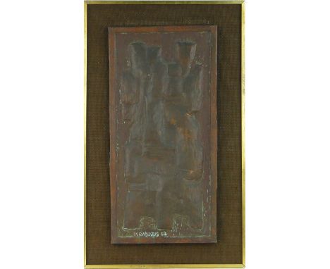 Michel Basbous (Lebanese, 1921-1981)
a hammered relief copper plaque, abstract, signed and dated '62, 25" x 12.5", framed.