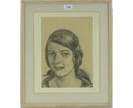 Charcoal on paper, head portrait of a girl, 12" x 8", and coloured pastel, sunset landscape, 7" x 20", framed, (2).