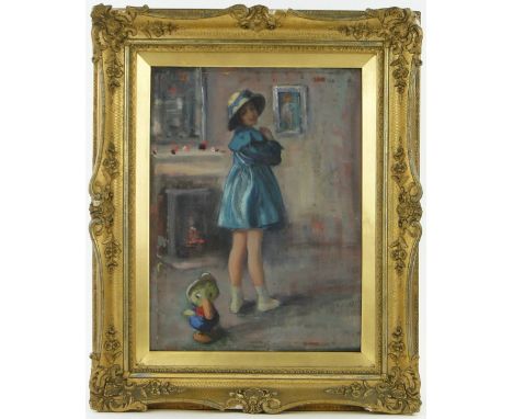 Harry John Pearson (1872-1933)
oil on wood panel, portrait of a young girl with a toy duck, 16" x 12", framed.