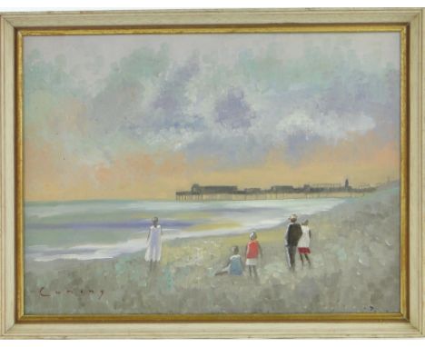 Oil on canvas, beach scene, bears signature "Cuming", and ink/watercolour, abstract, by a different hand, both framed, (2).