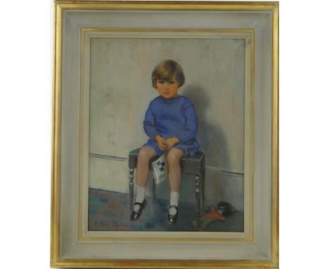 Harry John Pearson (1872-1933)
oil on board, portrait of a young girl on a stool, signed, 15" x 12.5", framed.