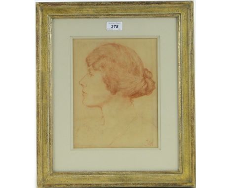 Sanguine chalk drawing on paper, head portrait of a woman, signed with initials JWW, 10" x 8", framed.