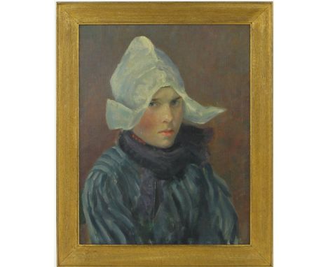 Harry John Pearson (1872-1933)
oil on canvas laid on board, portrait of a Dutch girl, 18" x 14", framed.