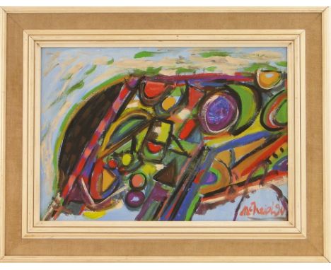 British School
acrylic on board, abstract, indistinctly signed McNeish? 90, 12" x 17", framed.