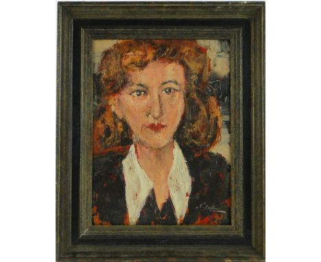 Oil on board, head and shoulders portrait of a woman, indistinctly signed, 16" x 12", framed.