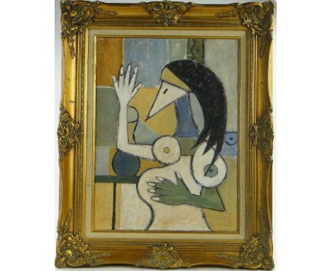 Modern oil on canvas, cubist portrait study, unsigned, 24" x 18", framed.