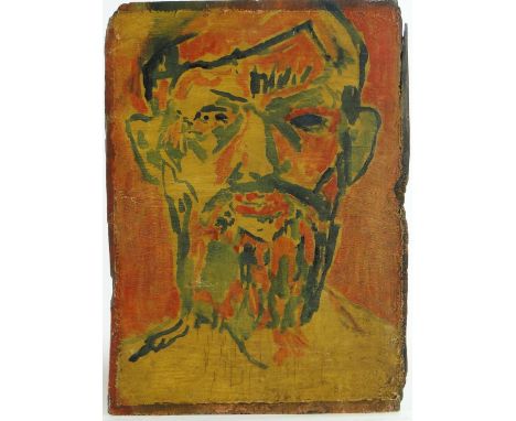 Dutch/German School
oil on wood panel, early 20th century, head portrait of a man, indistinct inscription verso with old Germ