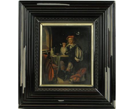 19th century oil on panel, genre portrait of a gentleman by a window, unsigned, 7.5" x 6.25", framed.