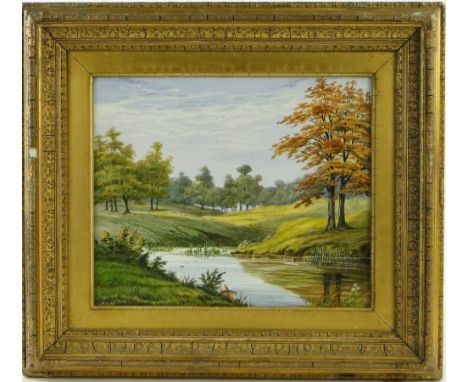 Miss Bradlon
oil on porcelain, autumn landscape, signed with initials, inscribed verso "The Howell & James Art Pottery Exhibi