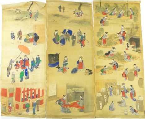 7 Oriental scrolls and 1 Chinese abstract watercolour, 1 framed, (8).