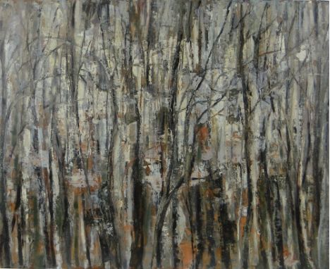 Oil on board, abstract woodland, bears signature Buhler, 25" x 31", unframed.