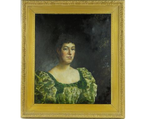 Victorian oil on canvas, portrait of a woman in a green dress, signed with initials WCCE, dated '96, 26" x 22", framed.